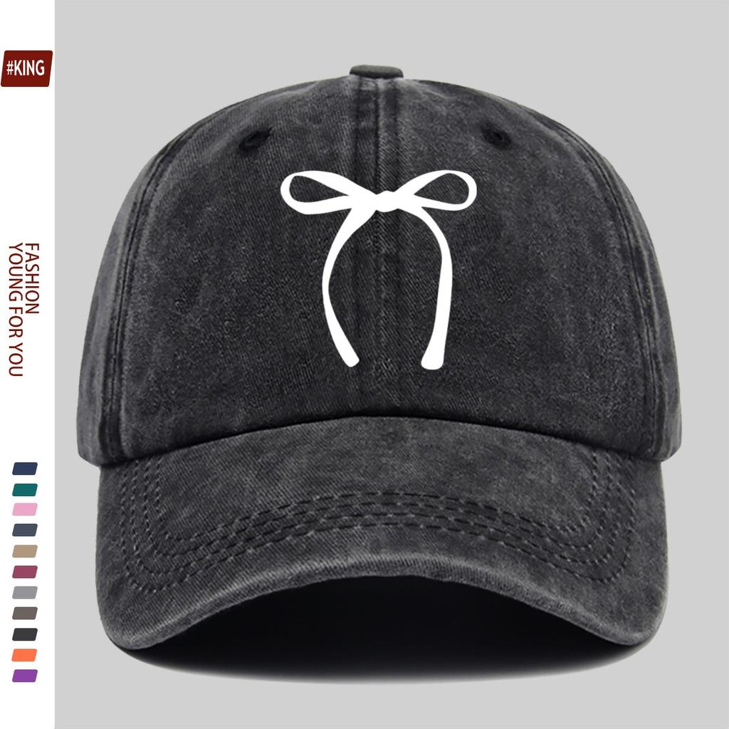 Bow Graphic Washed Baseball Cap Vintage Cotton Adjustable Casual Unisex Street Hat