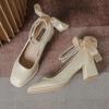 Fashion New Ladies High Heels Elegant Bow Square Toe Black High Heels Fashion Thick Heel Wedding Party Pearl Lace Wedding Shoe