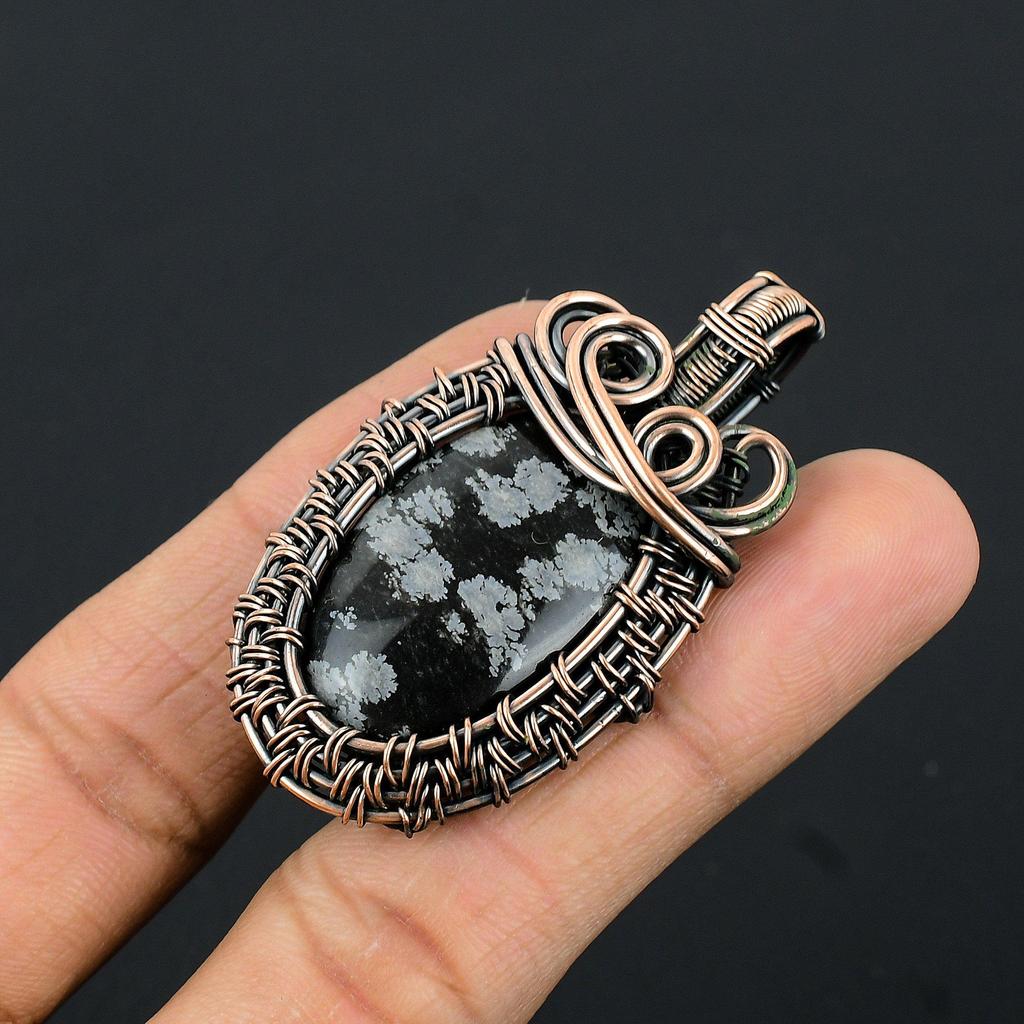 Snowflake Obsidian Pendant, 999 Copper Wire Wrapped Gemstone Handmade Dainty Jewelry Pendant, For Her
