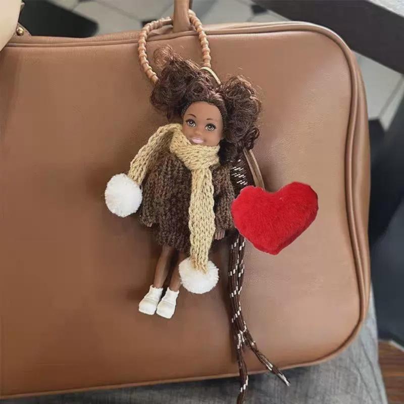 Curly Hair Doll Pendant Keychain with Heart and Braided Rope Backpack Charm Bag Ornament for Stylish Women and Girls