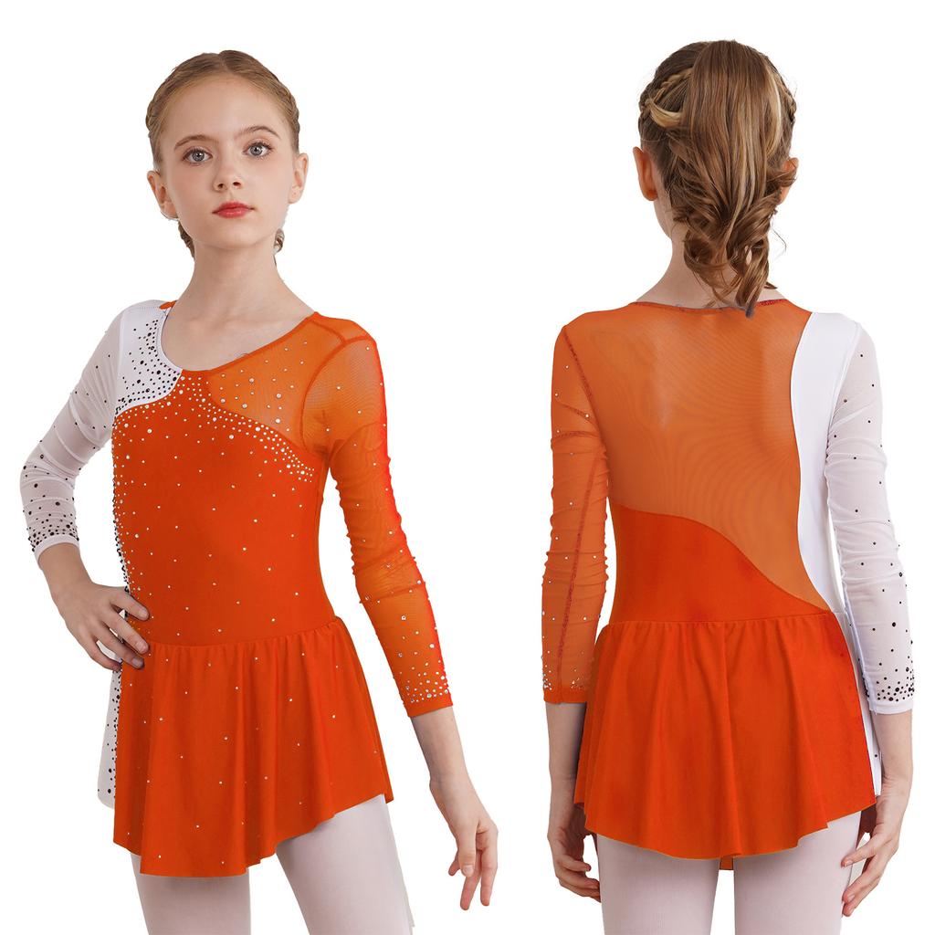 Kids Girls Stylish Dance Wear Long Sleeve Rhinestone Decor Contrast Color Skating Dresses
