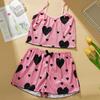 2 Pcs/Set Women Summer Pajamas Suit Adjustable Strap Sleeveless Heart Print Crop Top Shirring Bedroom Sleepwear Set