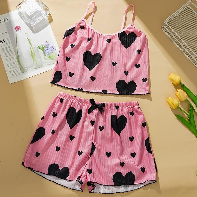 2 Pcs/Set Women Summer Pajamas Suit Adjustable Strap Sleeveless Heart Print Crop Top Shirring Bedroom Sleepwear Set