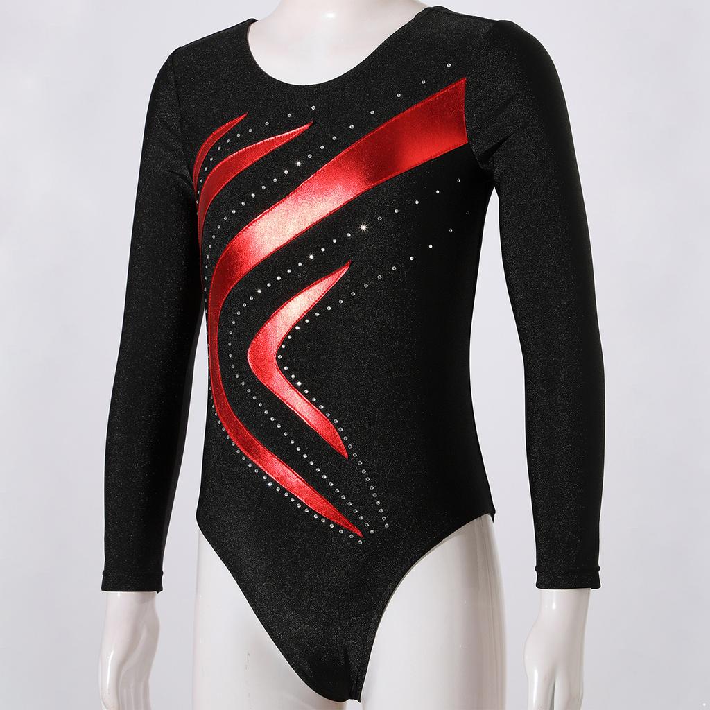 Детский купальник для девочек со стразами, длинный рукав, круглый вырез, бронзовая ткань, лоскутное выступление, одежда