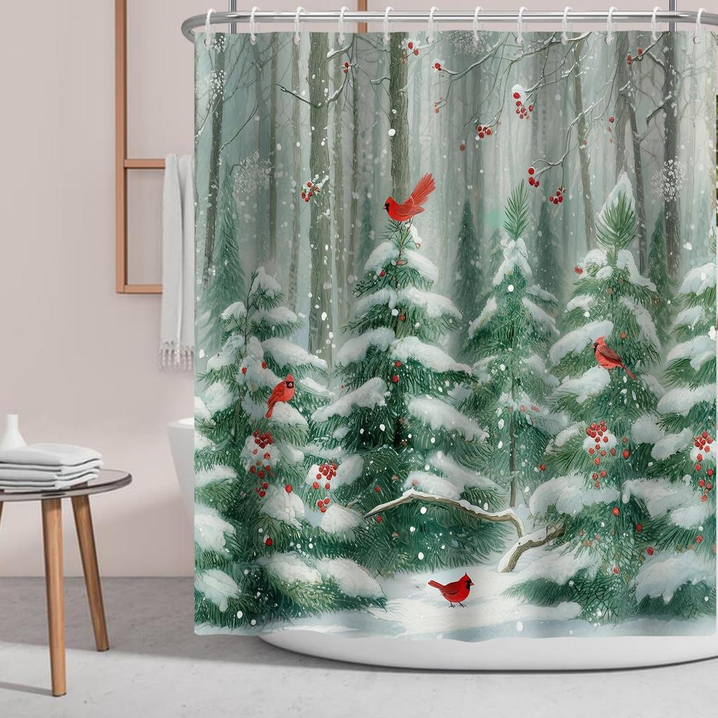 Сосна Красная Птица Занавеска для душа Зеленый Зимний Лес Кардинал Снежная Ягода Рождественская Тема, Деревенский Праздник Тканевая Занавеска для душа