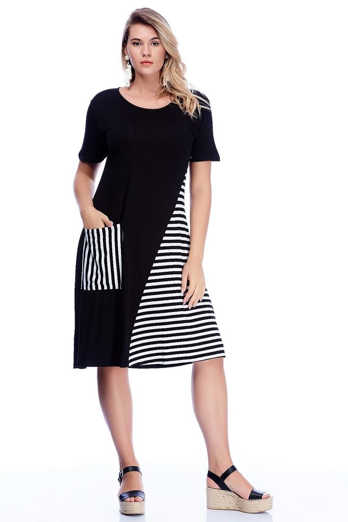 Women's Big Size Dress Plus Size Black Viscose Stripe Detailed Dress