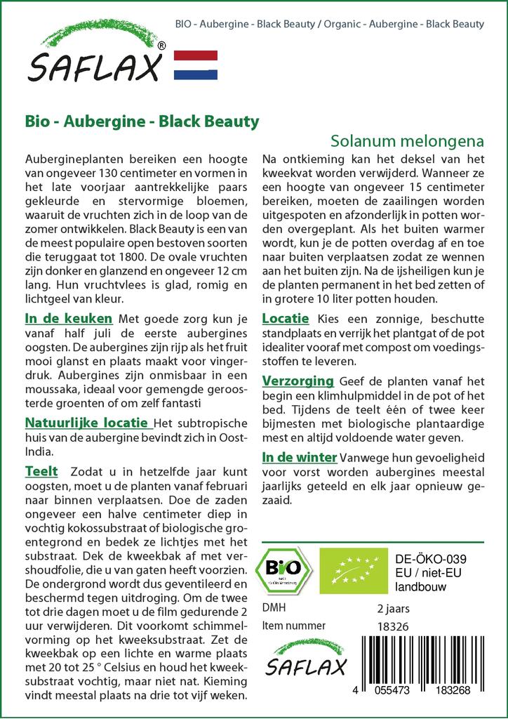 SAFLAX Garden in the Bag - Органический - Баклажаны - Black Beauty - 25 семян - С субстратом в подходящем пакете - Solanum melongena