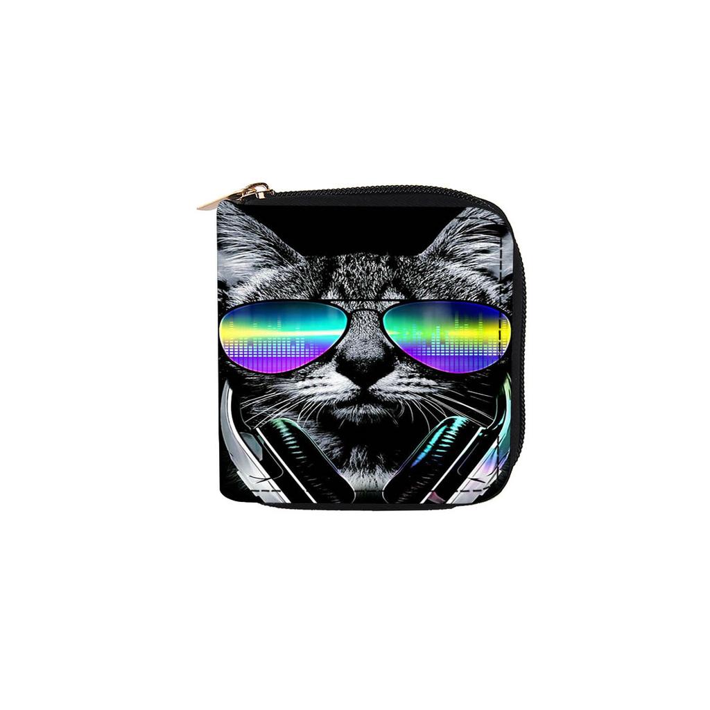 Cartoon Glasses Cat Short Zipper Small Wallet, Card Bag Wallet