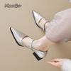 Fashion French Style Silver Black Mary Jane Shoes Pointed Toe Chunky Heel Ankle Strap Dress Shoes for Women Elegant Mid Heel Pumps 34-42