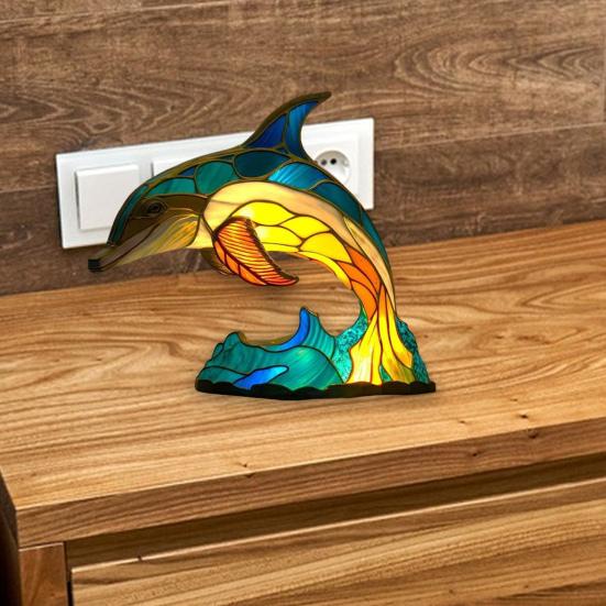 Красочный витражный ночник из смолы с животными, кошка, лошадь, слон, дельфин, лев, петух, сова, волк, настольная лампа, украшение дома