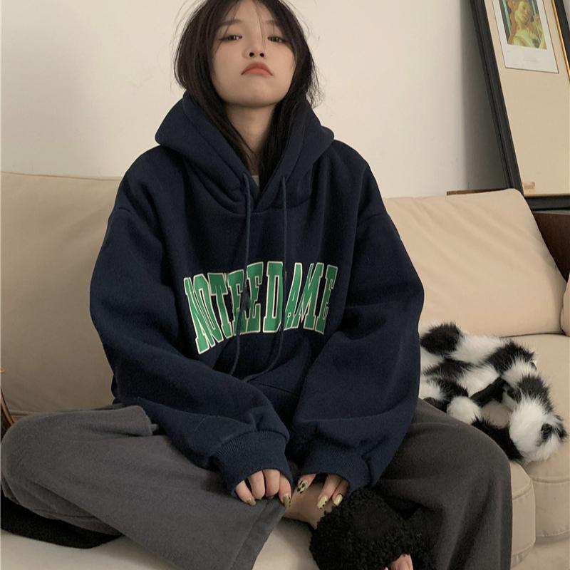 Women Warm Soft Hoodies Padded Hooded Sweater Fall and Winter Big Yards Printed Flannel Shirt Fall and Winter Retro Simple Literary Loose Tops