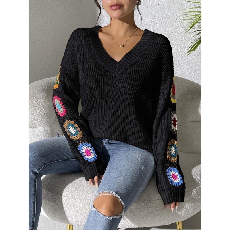 Women S V Neck Hand Crocheted Patchwork Loose Casual Sweater