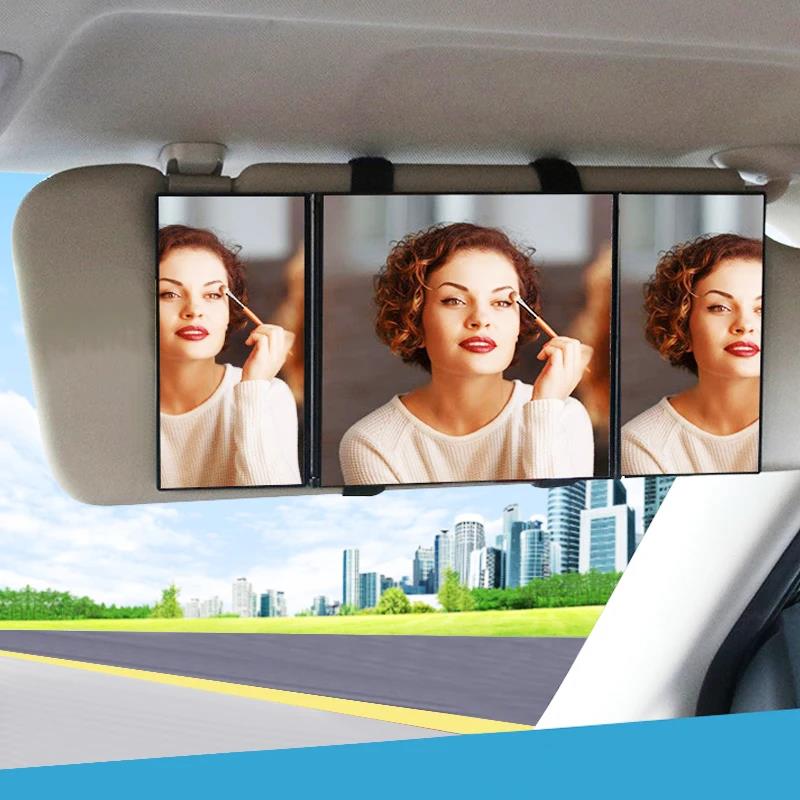 Складное автомобильное косметическое зеркало с большим экраном 30*14 см, зеркало для макияжа, 3-секционное складное зеркало для стекла салона автомобиля, солнцезащитный козырек, зеркала салона6