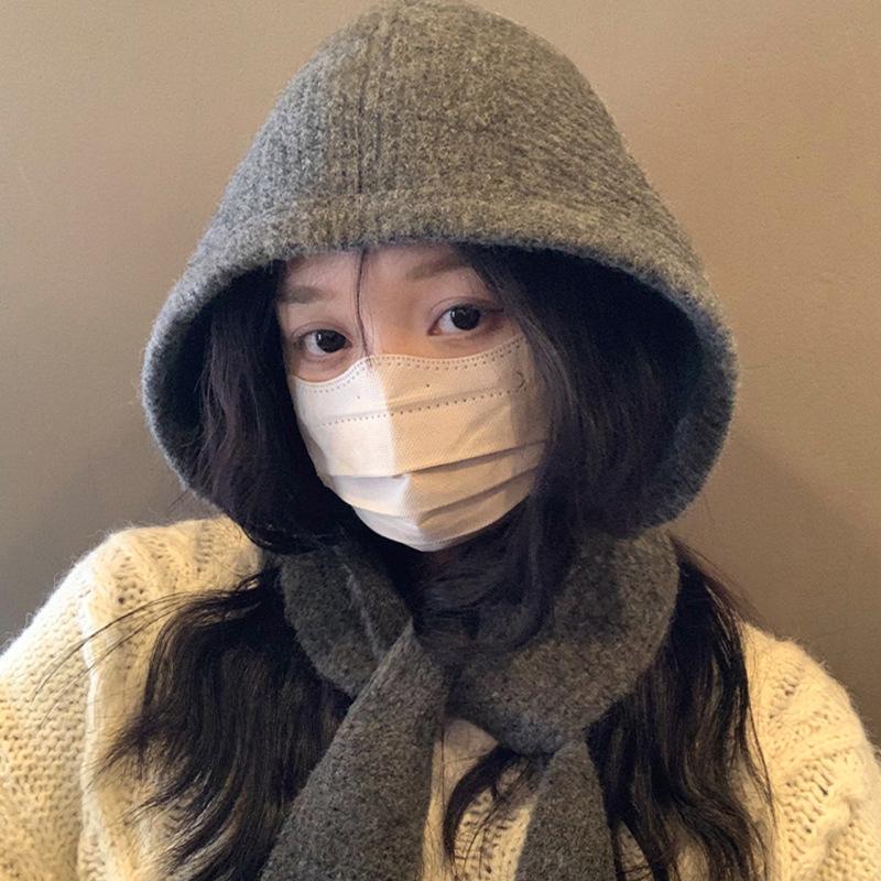 Однотонная женская вязаная теплая шапка-бини с капюшоном, цельный шарф, шапка-ушанка, осенне-зимняя балаклава