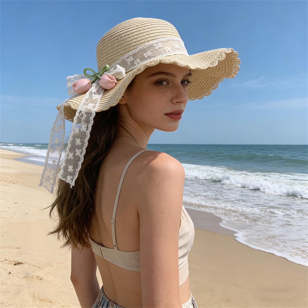 (One Size, Yellow) Women's Straw Sun Hat Breathable Stylish Decorative Tulip Lace Band Wide Brim Beach Hat