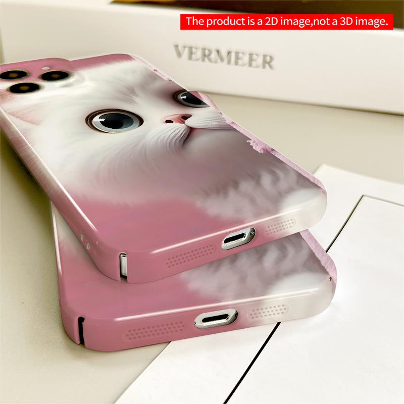 2DFlat Fluffy White Kitten Peeking Behind Pink Wall All inclusive film hard iPhone case, compatible with iPhone 18 Pro Max 17 16 15 14 13 12 11