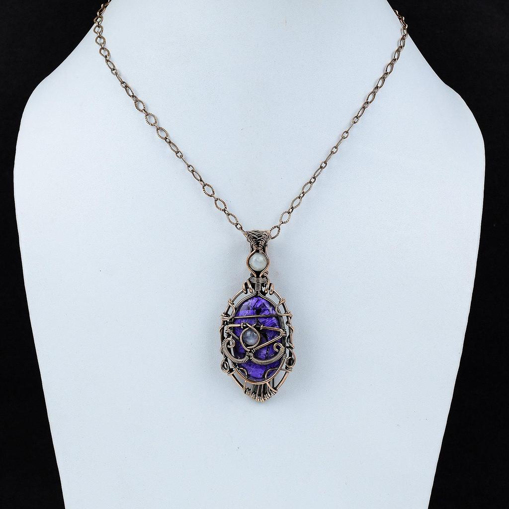 Кулон Медный Глаз Дьявола с Хароитом Кулон из Драгоценного Камня, Оплетенный Медной Проволокой Ручной Работы Стильный Кулон Кулон из Радужного Лунного Камня Медные Ювелирные Изделия