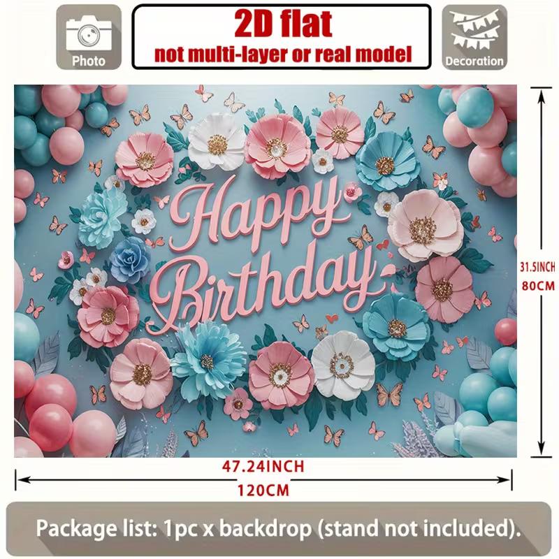 2D Happy Birthday Photography Backdrop, Light Blue Background with Pink Flowers and Butterflies