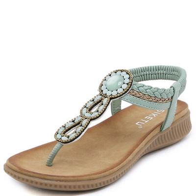 Модный бренд новинка мода бохо плоские сандалии женские туфли с круглым носком стразы резинка пляж море праздник зеленый 41 42