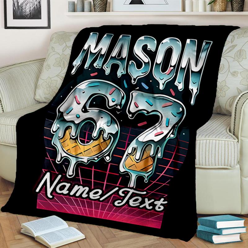 1PC Custom Name Ice Cream Neon" flannel blanket versatile,all-season throw suitable for the living room,bedroom,camping,travel,and gift