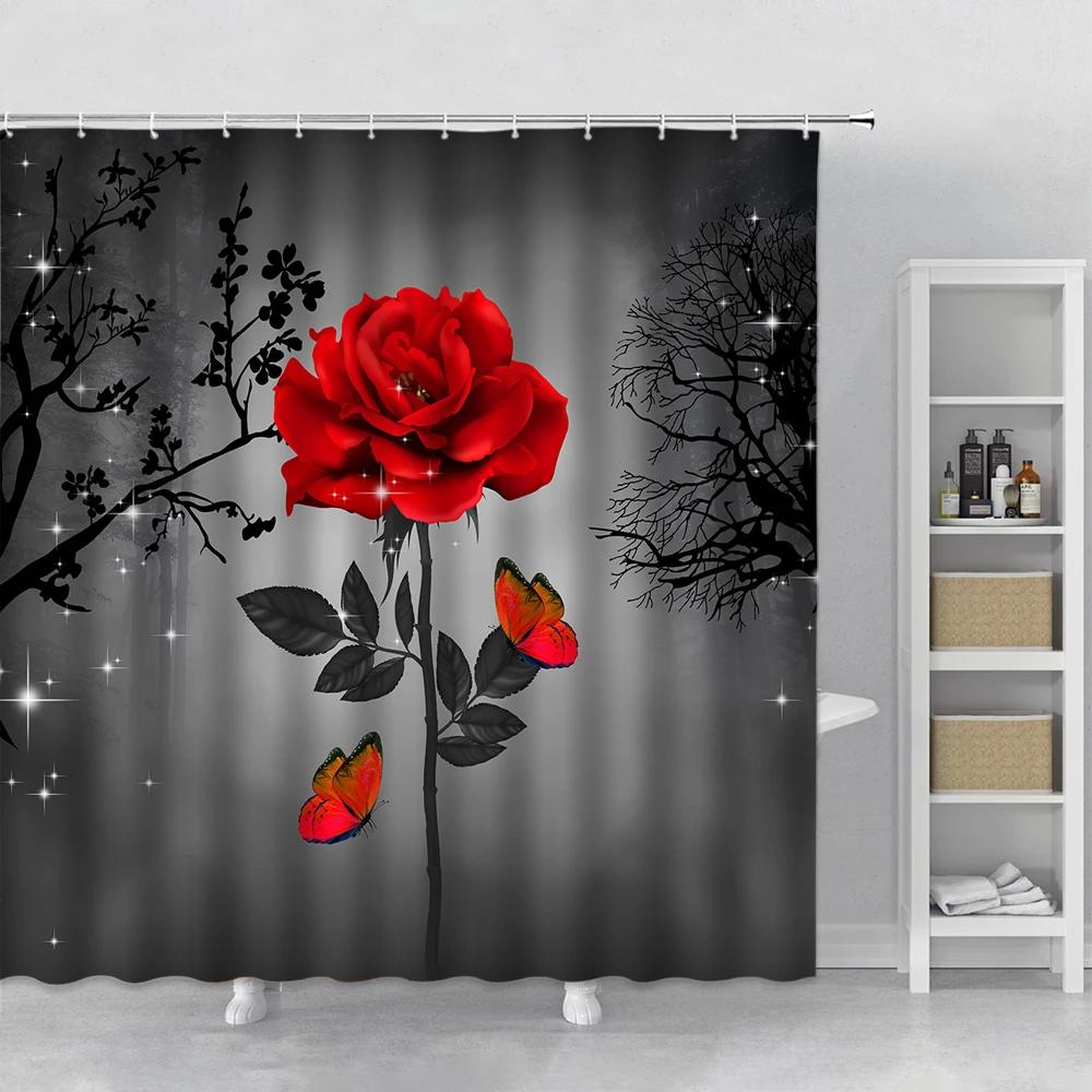 Набор штор для душа с цветами Орхидея Бирюзовый Роза Растение Цветочный Принт Листья Декор для ванной Тканевая занавеска для ванны Аксессуары для ванны Крючок