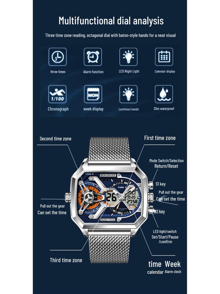 Трансграничные мужские многофункциональные водонепроницаемые спортивные часы - европейский и американский стиль