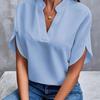 Solid Color Notch Neck Blouse, Casual Short Split Sleeve Blouse For Spring & Summer, Women's Clothing