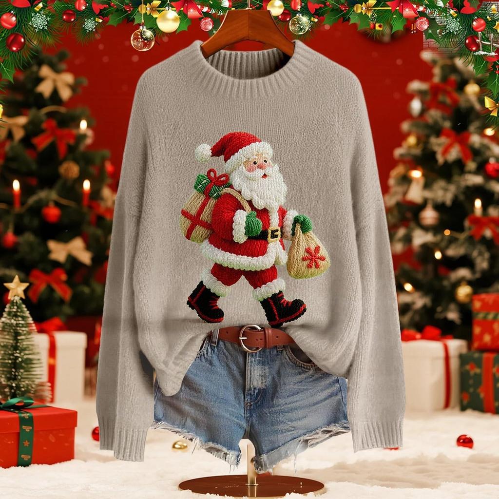 Женский модный пуловер с рождественским принтом, с длинным рукавом и вырезом под горло, вязаный свитер-топ
