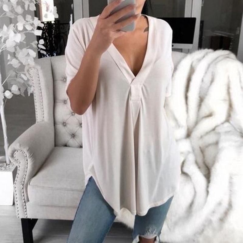 Летние сексуальные женские модные повседневные свободные топы Повседневная футболка Летняя однотонная блузка с v-образным вырезом и короткими рукавами больших размеров