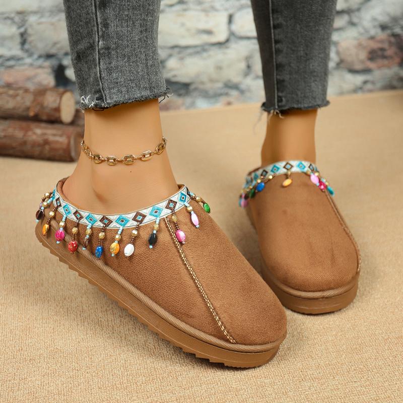 Богемный декор с бахромой Хлопковые тапочки Женские 2025 Зима Комфорт Толстая подошва Не скользкие Тапочки Теплые Короткий плюш Уличные шлепанцы