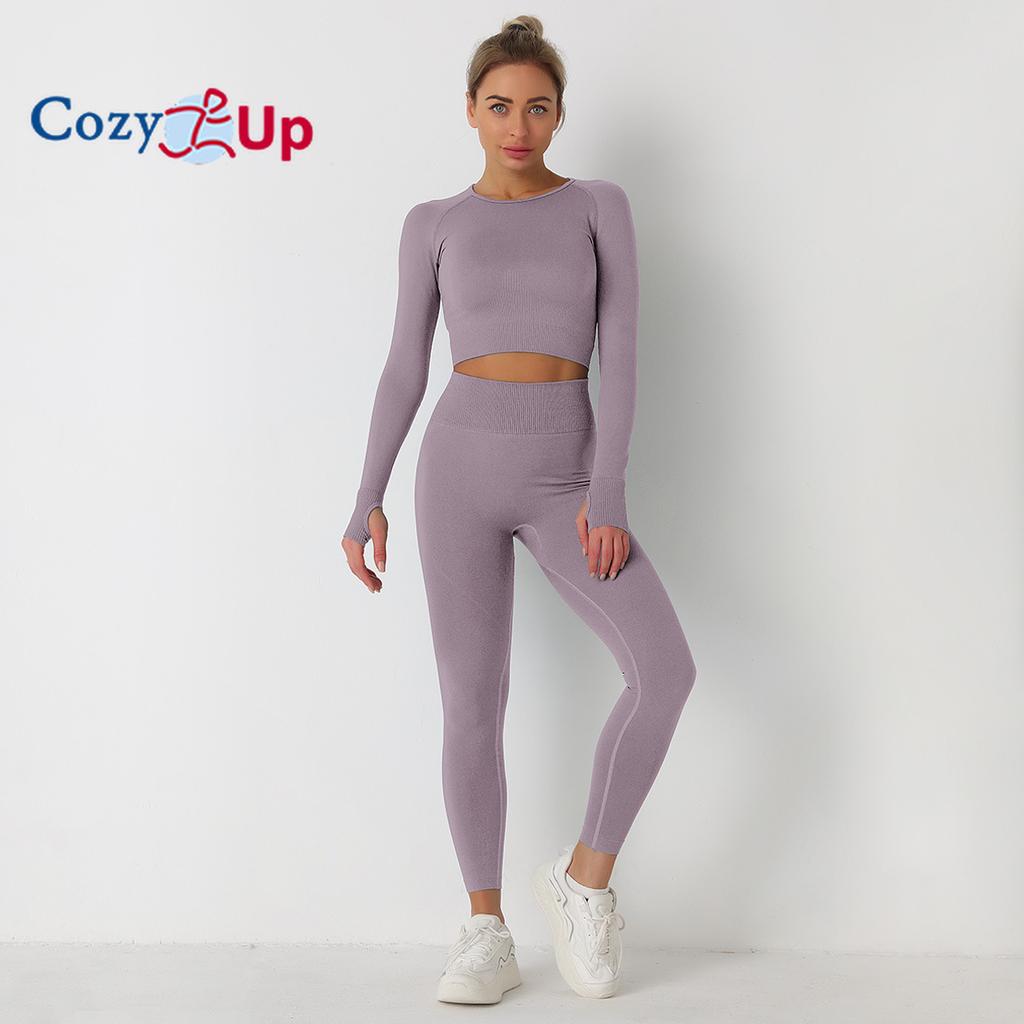 Cozy Up Тренировочные комплекты для женщин из 2 предметов для занятий йогой, бесшовные ребристые леггинсы с топами с длинными рукавами