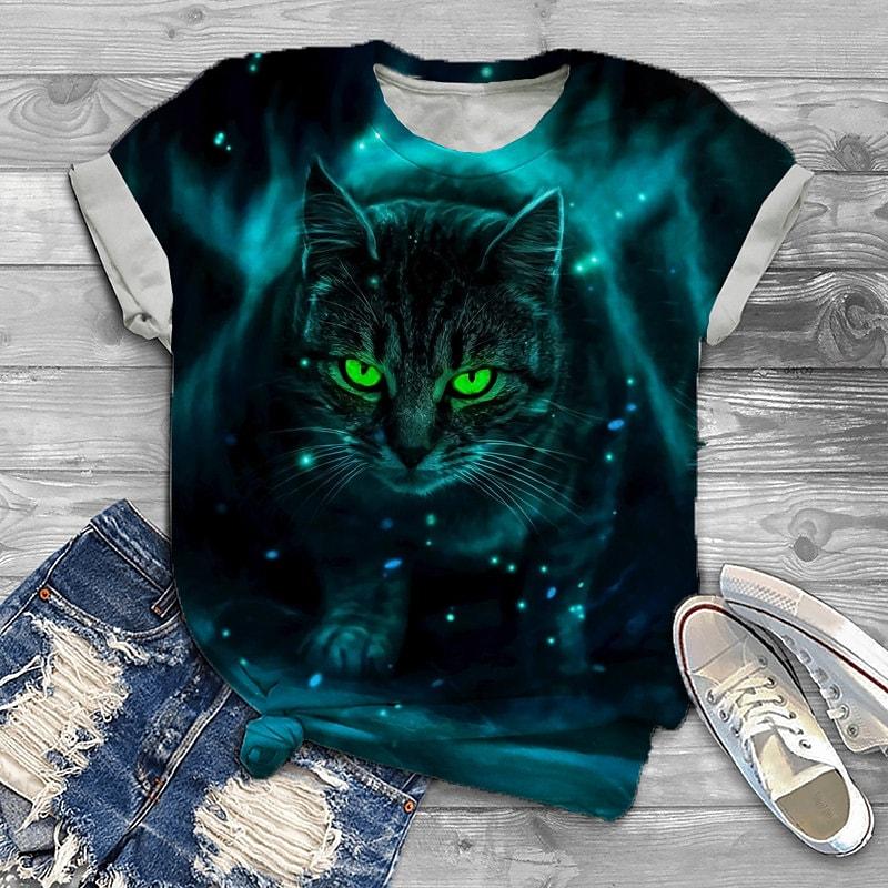 2022 Women Summer T Shirt Cute Cat with Big Eyes Print Short Sleeve Tees Casual Printed Tops For Women