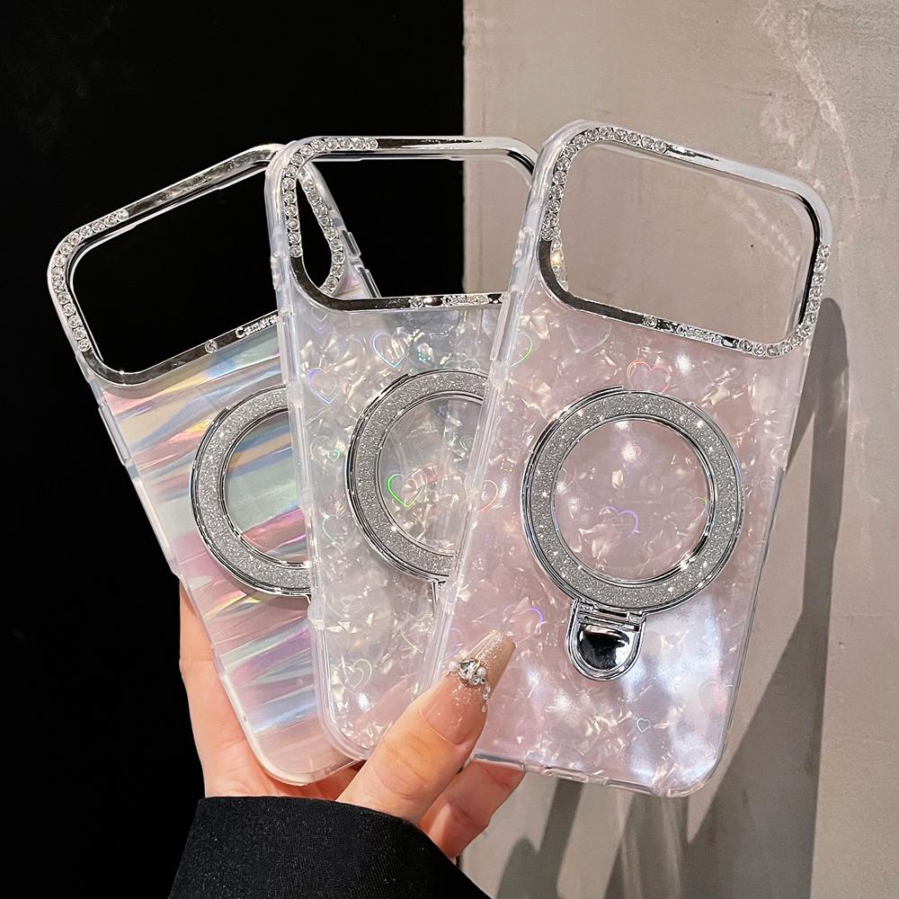 KEYSION Магнитный чехол с текстурой ракушки, инкрустированный драгоценными камнями, для iPhone 14 15 17 Pro Max Air 16Plus, противоударный бронированный чехол-накладка с кольцом-подставкой