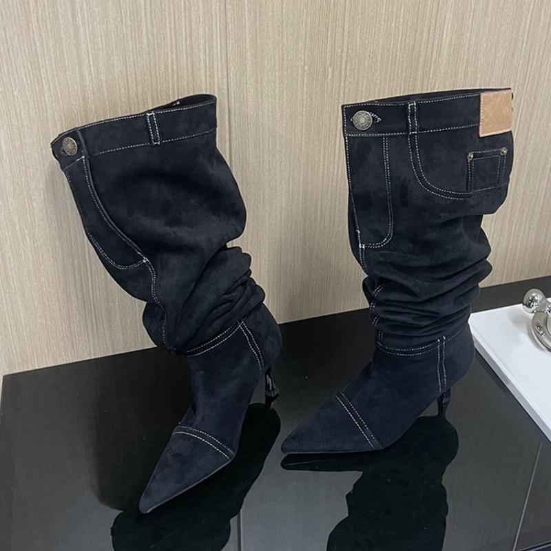 Новый стиль Плиссированные джинсы с отстрочкой Ботильоны до колена Женские Декор пуговицами и карманами Пэчворк Осень Зима Облегающие Туфли на тонком каблуке