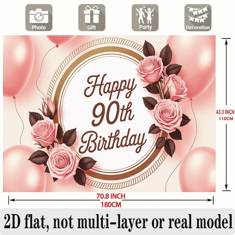 90th Birthday Banner, Pink Roses Golden Frame Backdrop Wall Decor for Party