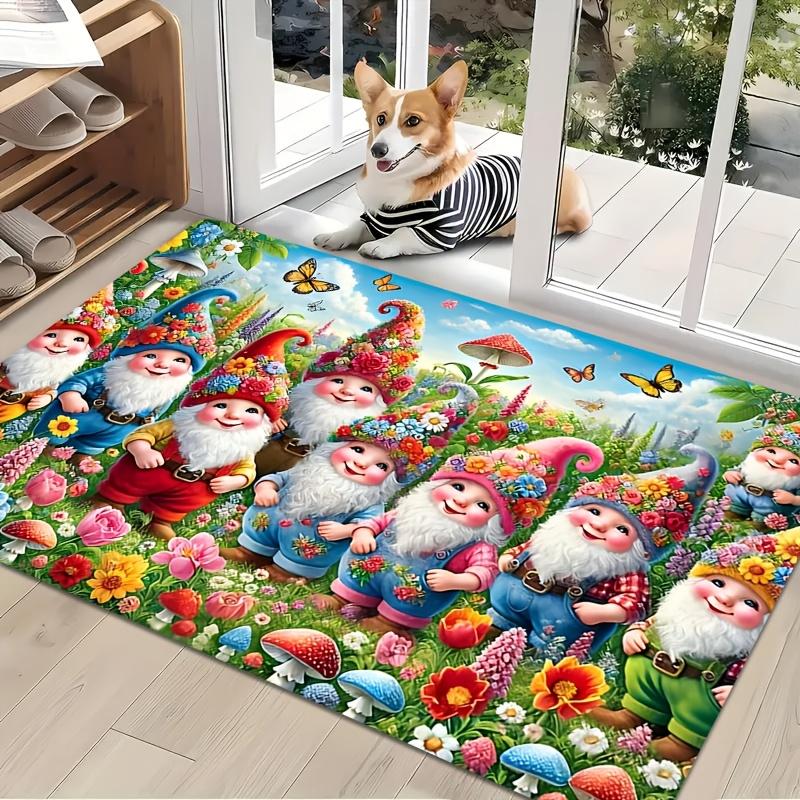 1pc Gnome & Butterfly Floral‑Mushroom Print Doormat, Machine‑Washable Non‑Slip Floor Mat for Living Room, Bedroom, Kitchen