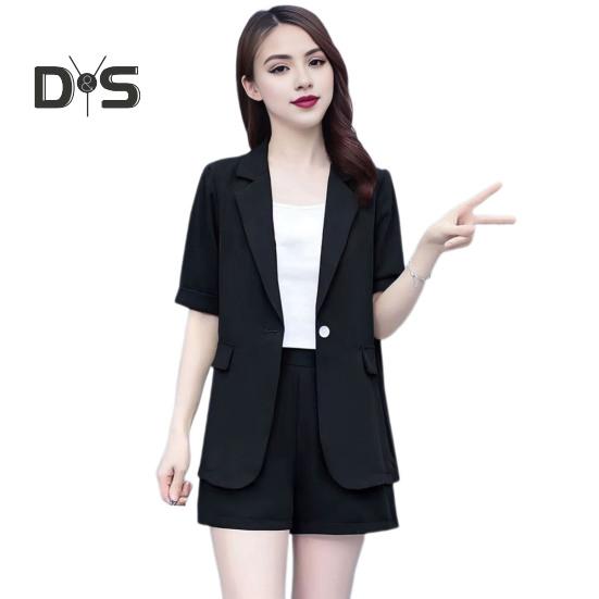 2 Piece Women Casual Outfit Lapel Short Sleeve Blazer Shorts Solid Color OL Style Single Button Blazer Shorts Set Elegant Office Suit