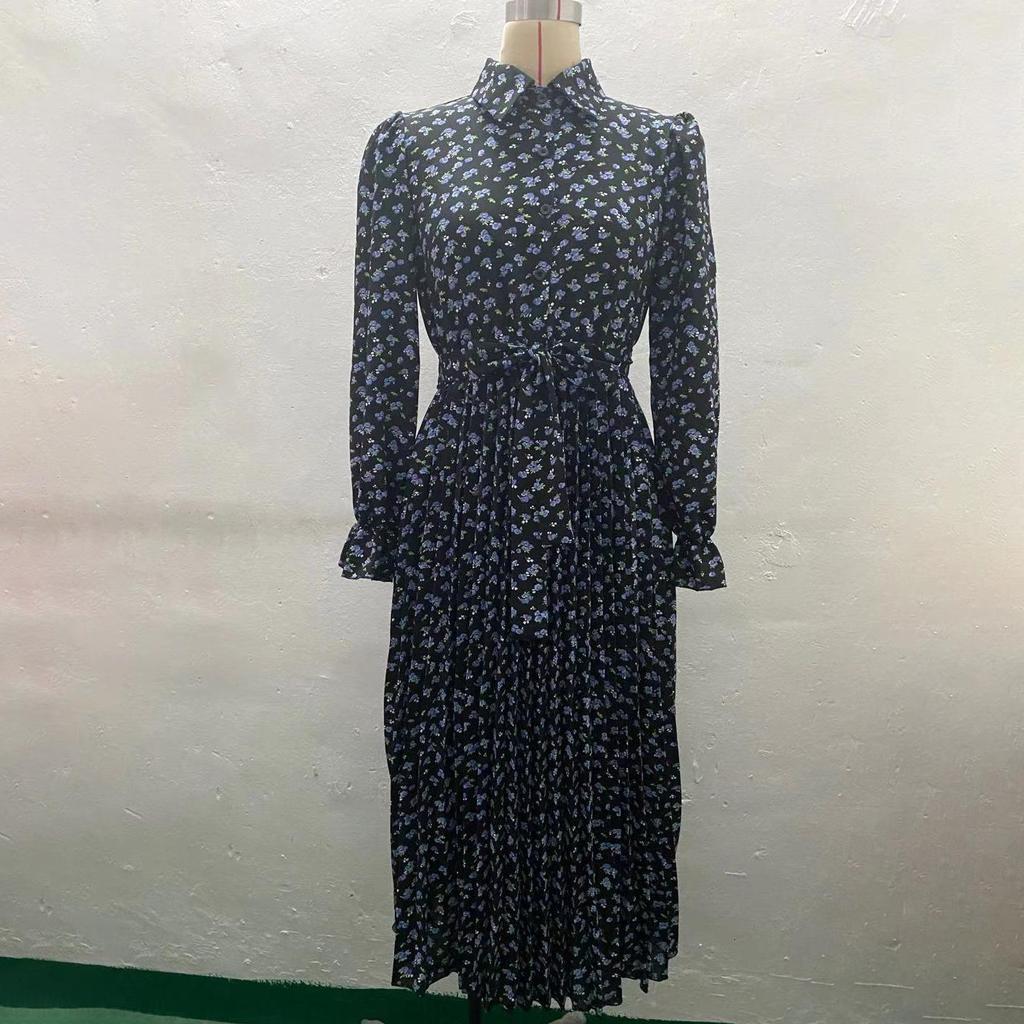 Women Autumn Winter Long Sleeve Flower Print V-neck Casual A-Line Ankle-Length High Waist Dress