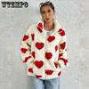 Autumn and Winter Women's Plush Love Printed Loose Long Sleeve Standing Collar Zipper Cardigan Short Jacket