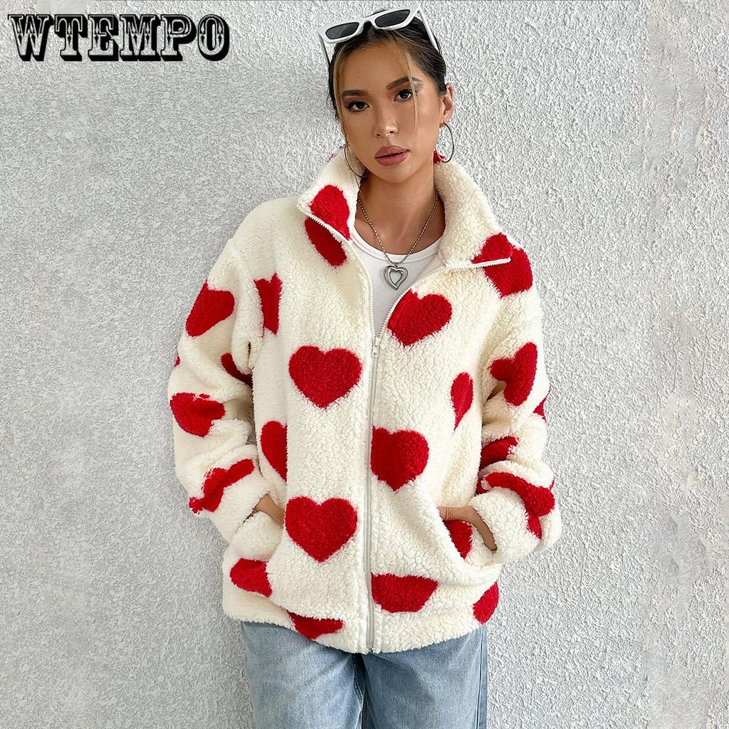 Autumn and Winter Women's Plush Love Printed Loose Long Sleeve Standing Collar Zipper Cardigan Short Jacket