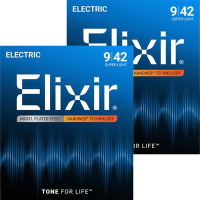 ELIXIR Струны для электрогитары ELIXIR, NANOWEB Super Light, .009-.042, #12002, Комплект из 2 шт. (Официальный японский продукт)