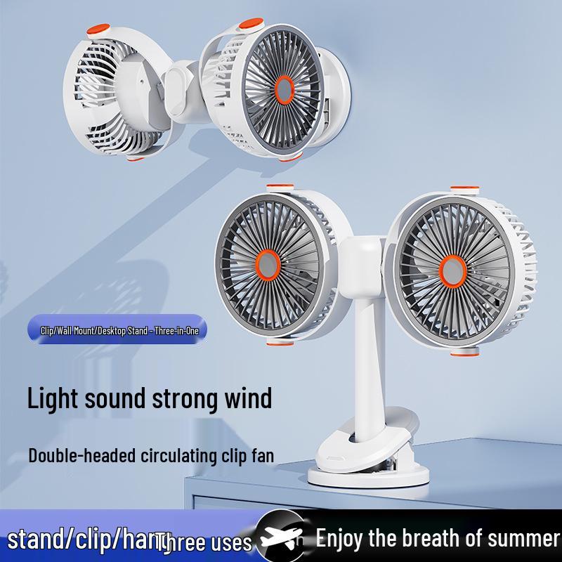 Dual-Head USB Clip-On Fan with Timer - Strong Wind for Desktop and Dorm