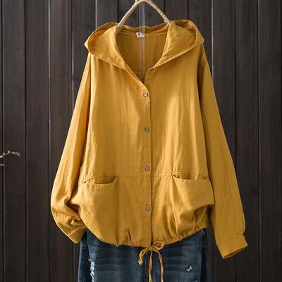 Японская корейская однотонная свободная куртка больших размеров из двухслойной хлопковой пряжи с капюшоном и длинными рукавами, завязанный кардиган, тонкое пальто, женская одежда