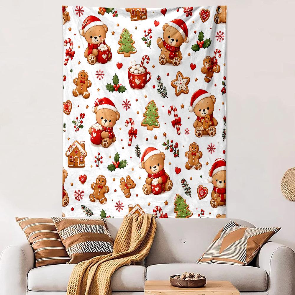 Tapestry Christmas Teddy Bears Gingerbread Cookies Candy Cane Pattern White Wall Hanging Kids Room