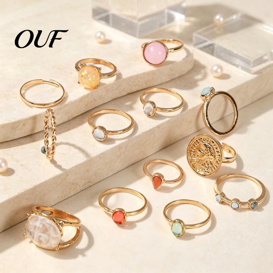 Birthday Gifts for Her 13Pcs Gold Plated Ring Set with Colorful Gemstone Embellishments, Fashion Dainty Rings Daily Wear Stackable Women, Trendy