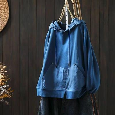 Женские винтажные толстовки с капюшоном, однотонные, пэчворк, с карманами, осенние, с длинным рукавом, свободные, повседневные футболки