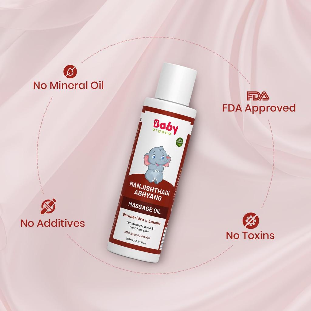 BabyOrgano® Масло для детского массажа Манжиштхади Абхьянга для новорожденных (0-2 года) – Укрепляет кости и мышцы, Сделано с манжиштхой и дарухальди, Токсин - 100 мл
