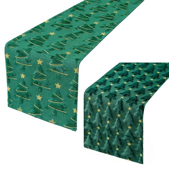 Green Christmas Tree Table Runner 13x72 In Soft Plush Faux Fur Jacquard Table Runner for Holiday Kitchen Dining Table Decor