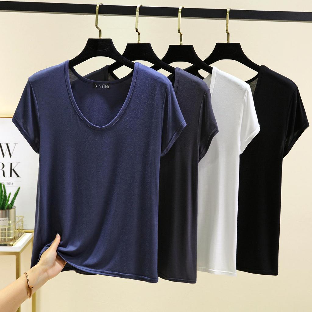 Женская летняя футболка из модала с коротким рукавом и овальным вырезом - Однотонная, Повседневная, Свободная, Приталенная, Универсальный топ