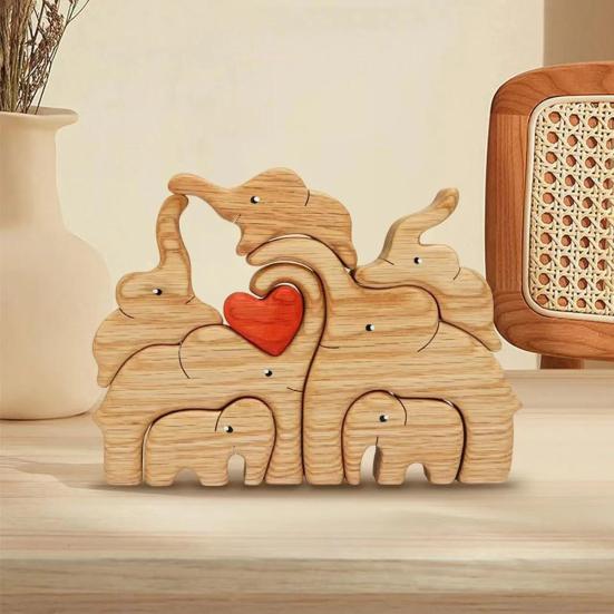 Wooden Elephant Family Puzzle Ornament Love Heart Mother Father Baby Elephant Jigsaw Table Sign Home Office Desktop Decoration